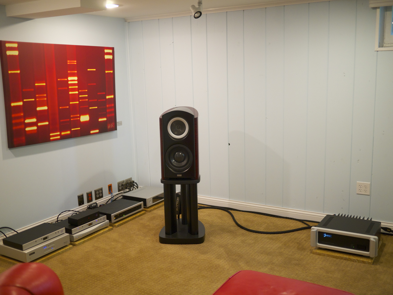 Front left channel TAD Labs CR1 loudspeaker with components on left and amp on right.